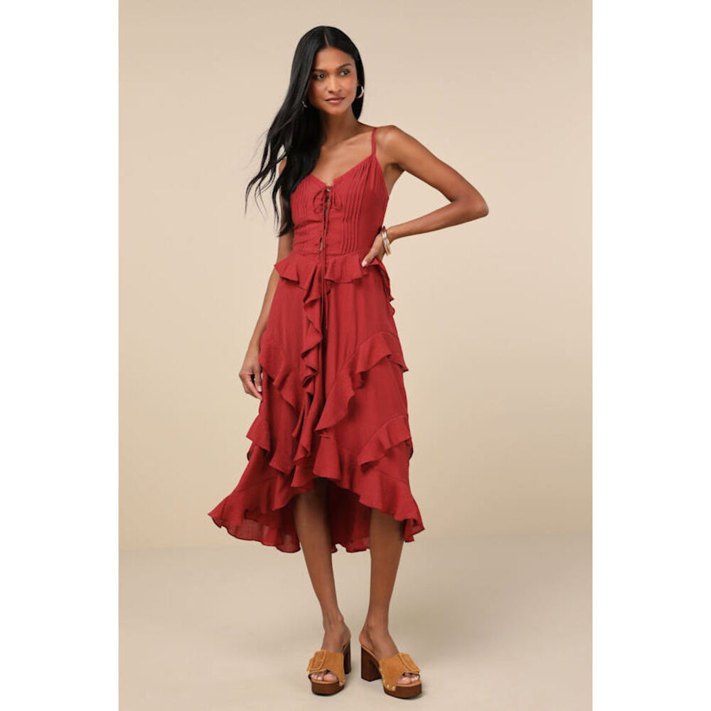 Lulus Playful Style Brick Red Lace-up Ruffled High-low Midi Dress - Size M